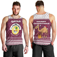 Qatar Christmas Men Tank Top with Maroon-White Design, National Emblem, and Camel Motif - Wonder Print Shop