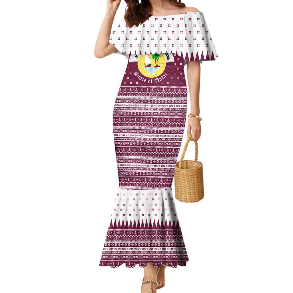 Qatar Christmas Mermaid Dress with Maroon-White Design, National Emblem, and Camel Motif - Wonder Print Shop