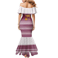 Qatar Christmas Mermaid Dress with Maroon-White Design, National Emblem, and Camel Motif - Wonder Print Shop