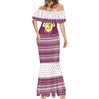 Qatar Christmas Mermaid Dress with Maroon-White Design, National Emblem, and Camel Motif - Wonder Print Shop