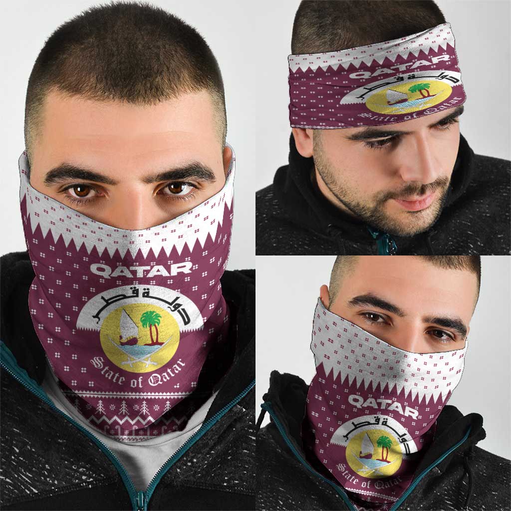 Qatar Christmas Neck Gaiter with Maroon-White Design, National Emblem, and Camel Motif - Wonder Print Shop