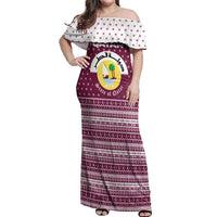 Qatar Christmas Off Shoulder Maxi Dress with Maroon-White Design, National Emblem, and Camel Motif - Wonder Print Shop