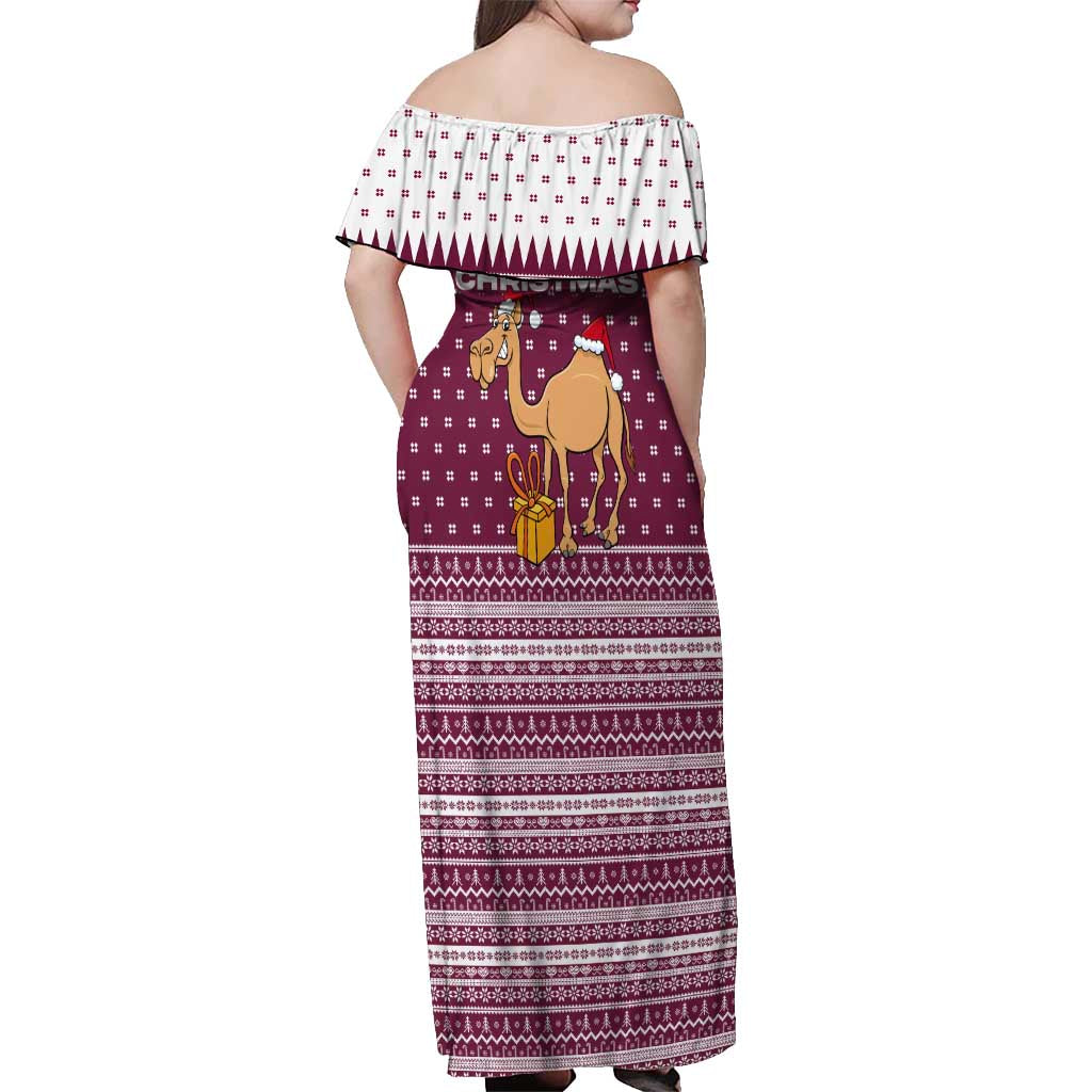 Qatar Christmas Off Shoulder Maxi Dress with Maroon-White Design, National Emblem, and Camel Motif - Wonder Print Shop