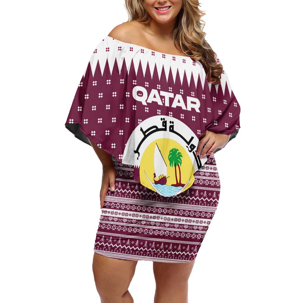 Qatar Christmas Off Shoulder Short Dress with Maroon-White Design, National Emblem, and Camel Motif - Wonder Print Shop