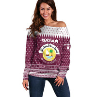 Qatar Christmas Off Shoulder Sweater with Maroon-White Design, National Emblem, and Camel Motif - Wonder Print Shop