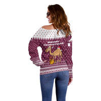 Qatar Christmas Off Shoulder Sweater with Maroon-White Design, National Emblem, and Camel Motif - Wonder Print Shop