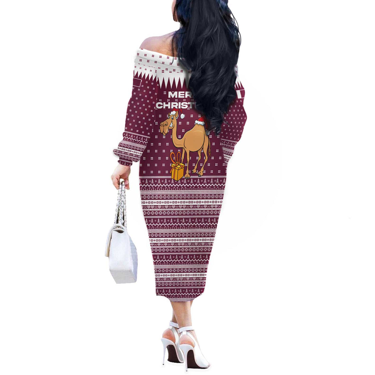 Qatar Christmas Off The Shoulder Long Sleeve Dress with Maroon-White Design, National Emblem, and Camel Motif - Wonder Print Shop