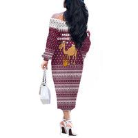 Qatar Christmas Off The Shoulder Long Sleeve Dress with Maroon-White Design, National Emblem, and Camel Motif - Wonder Print Shop