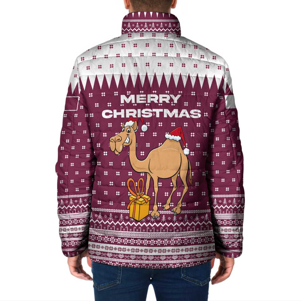 Qatar Christmas Padded Jacket with Maroon-White Design, National Emblem, and Camel Motif - Wonder Print Shop