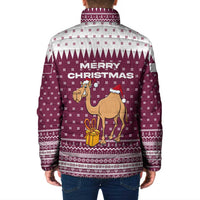 Qatar Christmas Padded Jacket with Maroon-White Design, National Emblem, and Camel Motif - Wonder Print Shop
