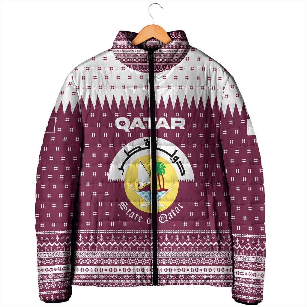 Qatar Christmas Padded Jacket with Maroon-White Design, National Emblem, and Camel Motif - Wonder Print Shop