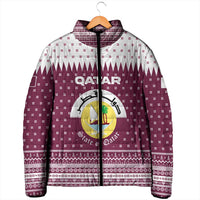 Qatar Christmas Padded Jacket with Maroon-White Design, National Emblem, and Camel Motif - Wonder Print Shop