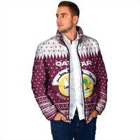 Qatar Christmas Padded Jacket with Maroon-White Design, National Emblem, and Camel Motif - Wonder Print Shop