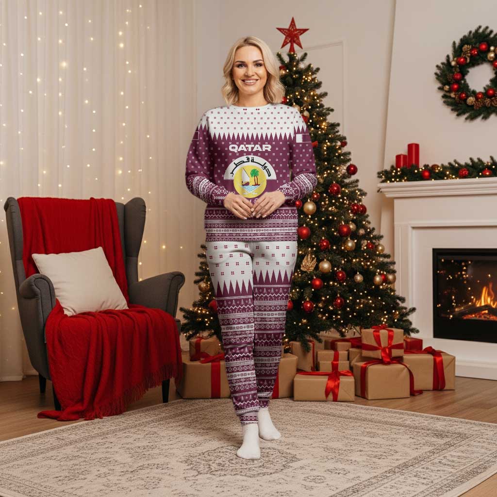 Qatar Christmas Pajama Set with Maroon-White Design, National Emblem, and Camel Motif - Wonder Print Shop
