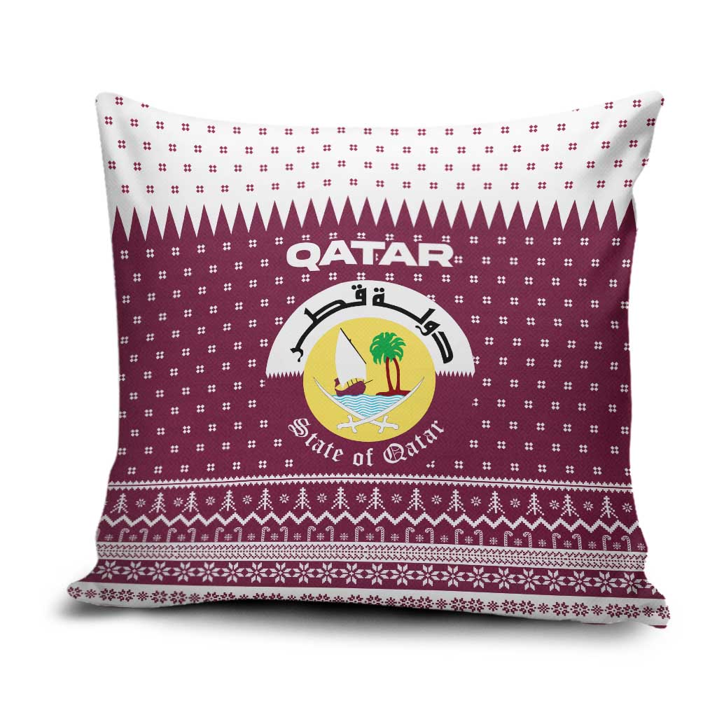 Qatar Christmas Pillow Cover with Maroon-White Design, National Emblem, and Camel Motif - Wonder Print Shop