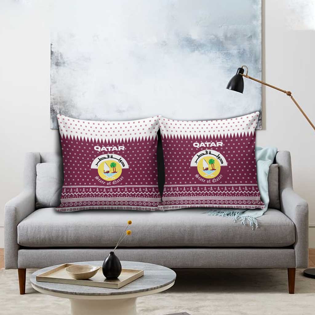 Qatar Christmas Pillow Cover with Maroon-White Design, National Emblem, and Camel Motif - Wonder Print Shop