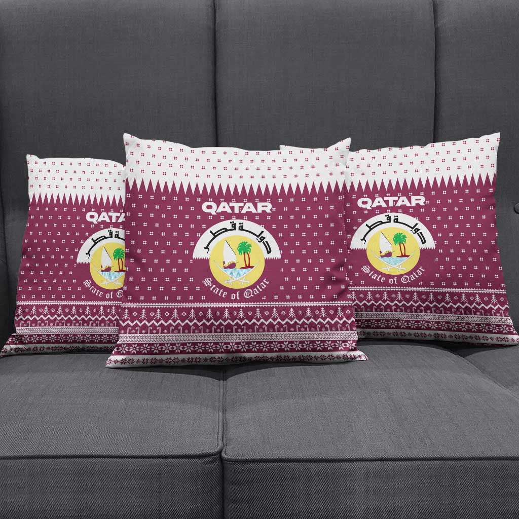 Qatar Christmas Pillow Cover with Maroon-White Design, National Emblem, and Camel Motif - Wonder Print Shop