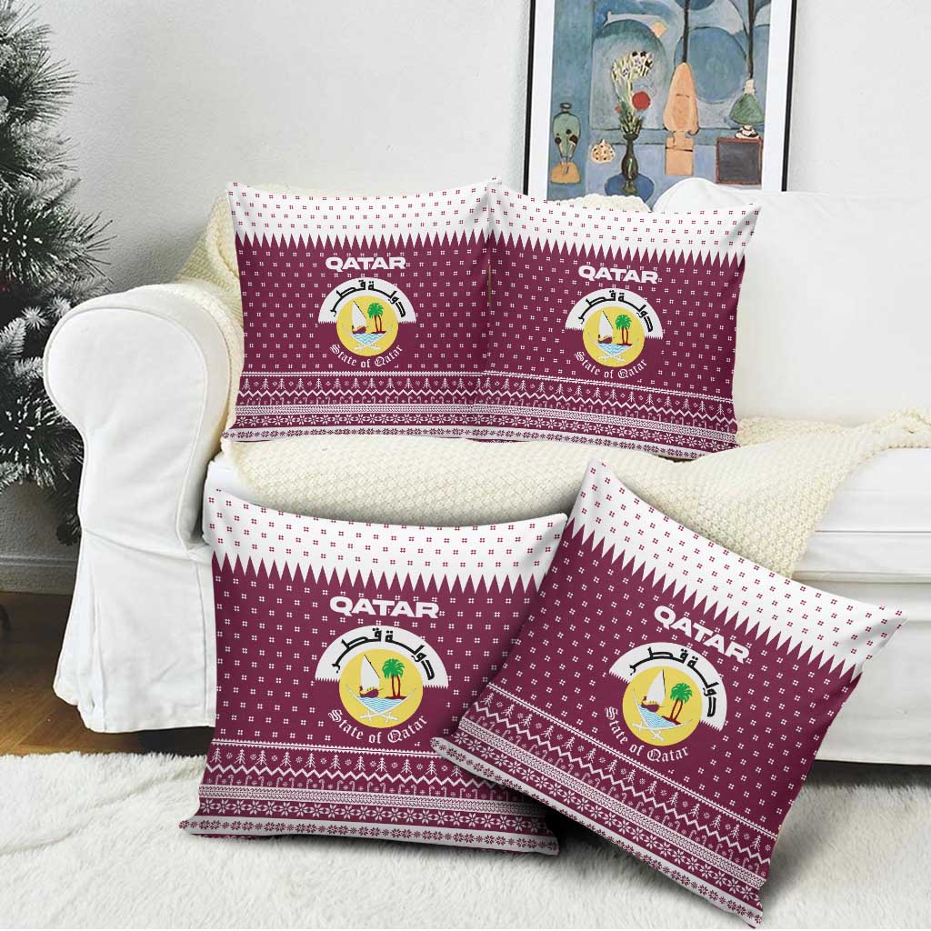 Qatar Christmas Pillow Cover with Maroon-White Design, National Emblem, and Camel Motif - Wonder Print Shop