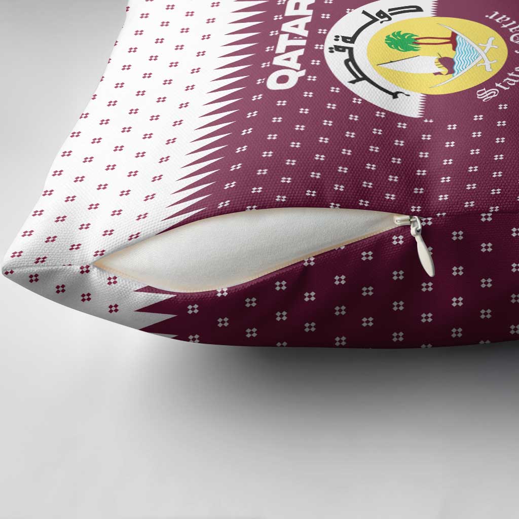 Qatar Christmas Pillow Cover with Maroon-White Design, National Emblem, and Camel Motif - Wonder Print Shop