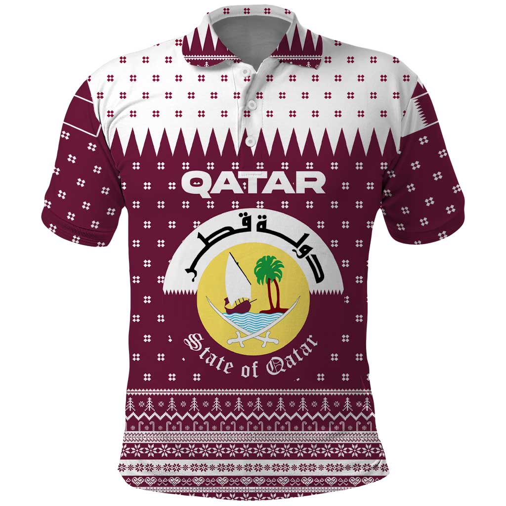 Qatar Christmas Polo Shirt with Maroon-White Design, National Emblem, and Camel Motif - Wonder Print Shop