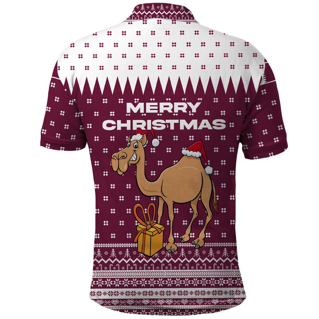 Qatar Christmas Polo Shirt with Maroon-White Design, National Emblem, and Camel Motif - Wonder Print Shop
