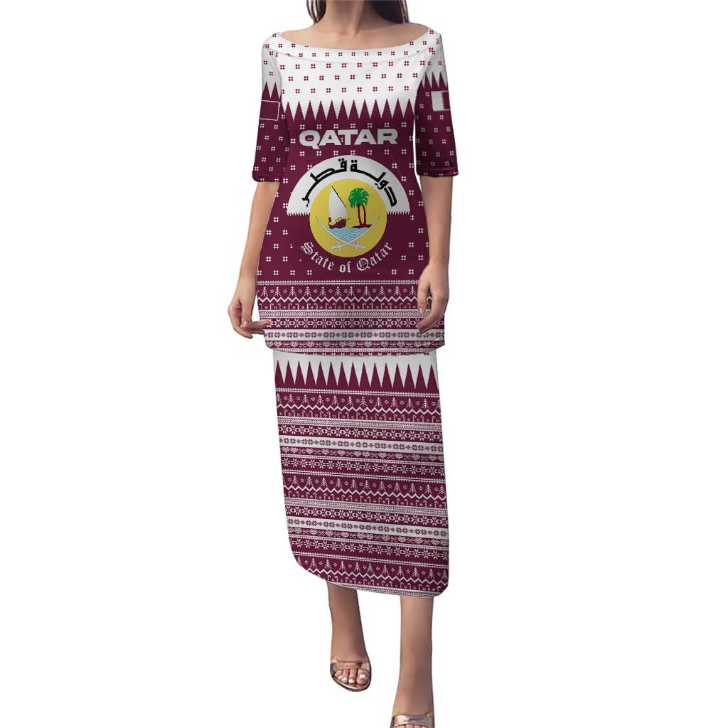Qatar Christmas Puletasi with Maroon-White Design, National Emblem, and Camel Motif - Wonder Print Shop