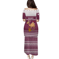 Qatar Christmas Puletasi with Maroon-White Design, National Emblem, and Camel Motif - Wonder Print Shop