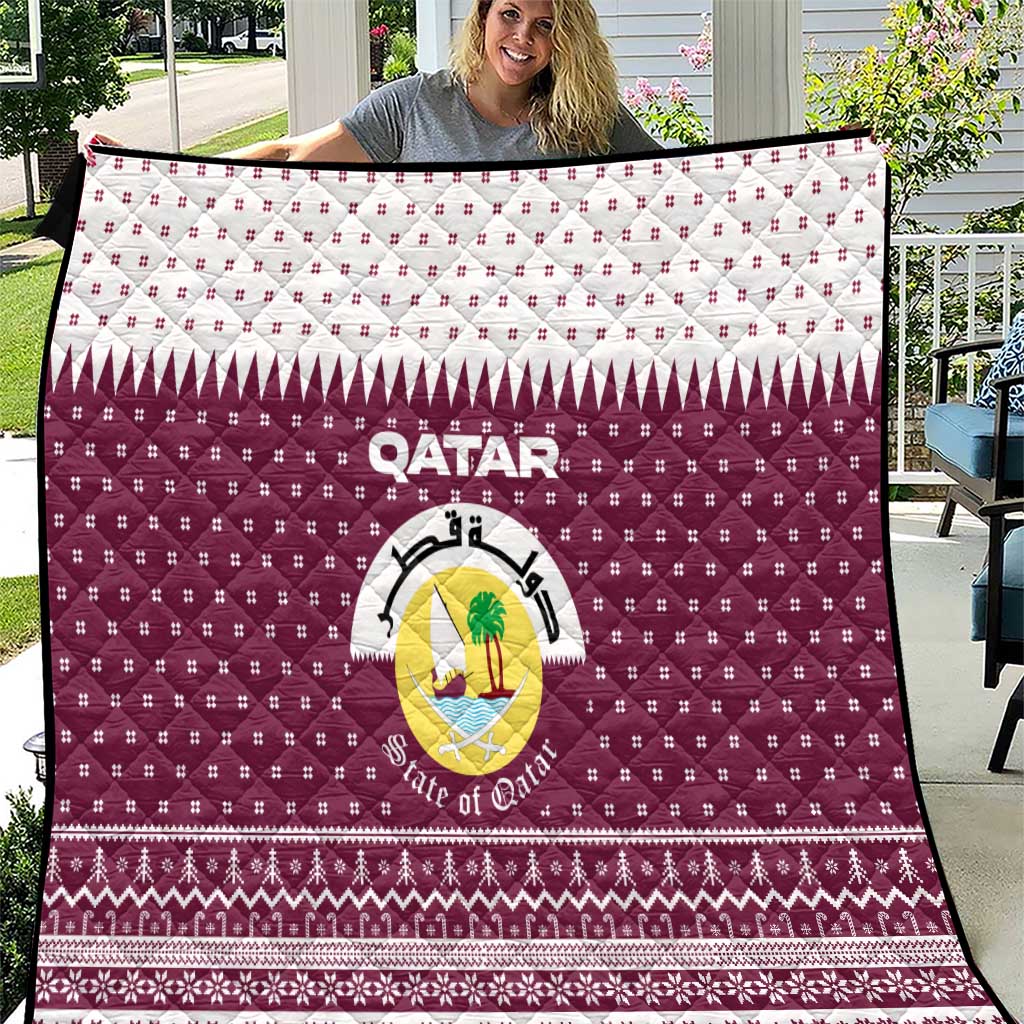 Qatar Christmas Quilt with Maroon-White Design, National Emblem, and Camel Motif - Wonder Print Shop