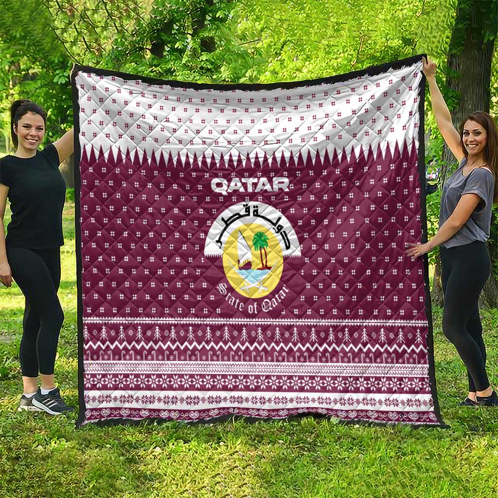 Qatar Christmas Quilt with Maroon-White Design, National Emblem, and Camel Motif - Wonder Print Shop