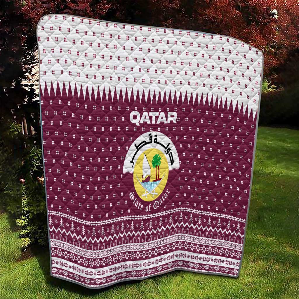 Qatar Christmas Quilt with Maroon-White Design, National Emblem, and Camel Motif - Wonder Print Shop