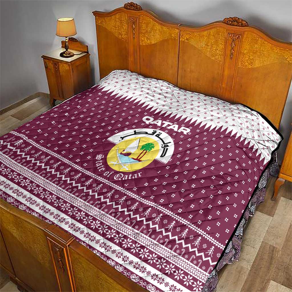 Qatar Christmas Quilt with Maroon-White Design, National Emblem, and Camel Motif - Wonder Print Shop