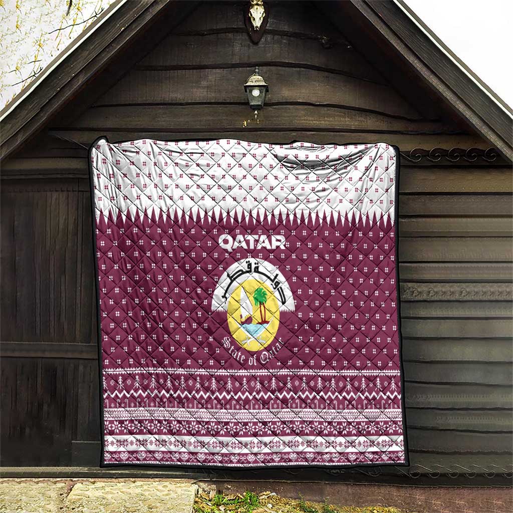 Qatar Christmas Quilt with Maroon-White Design, National Emblem, and Camel Motif - Wonder Print Shop