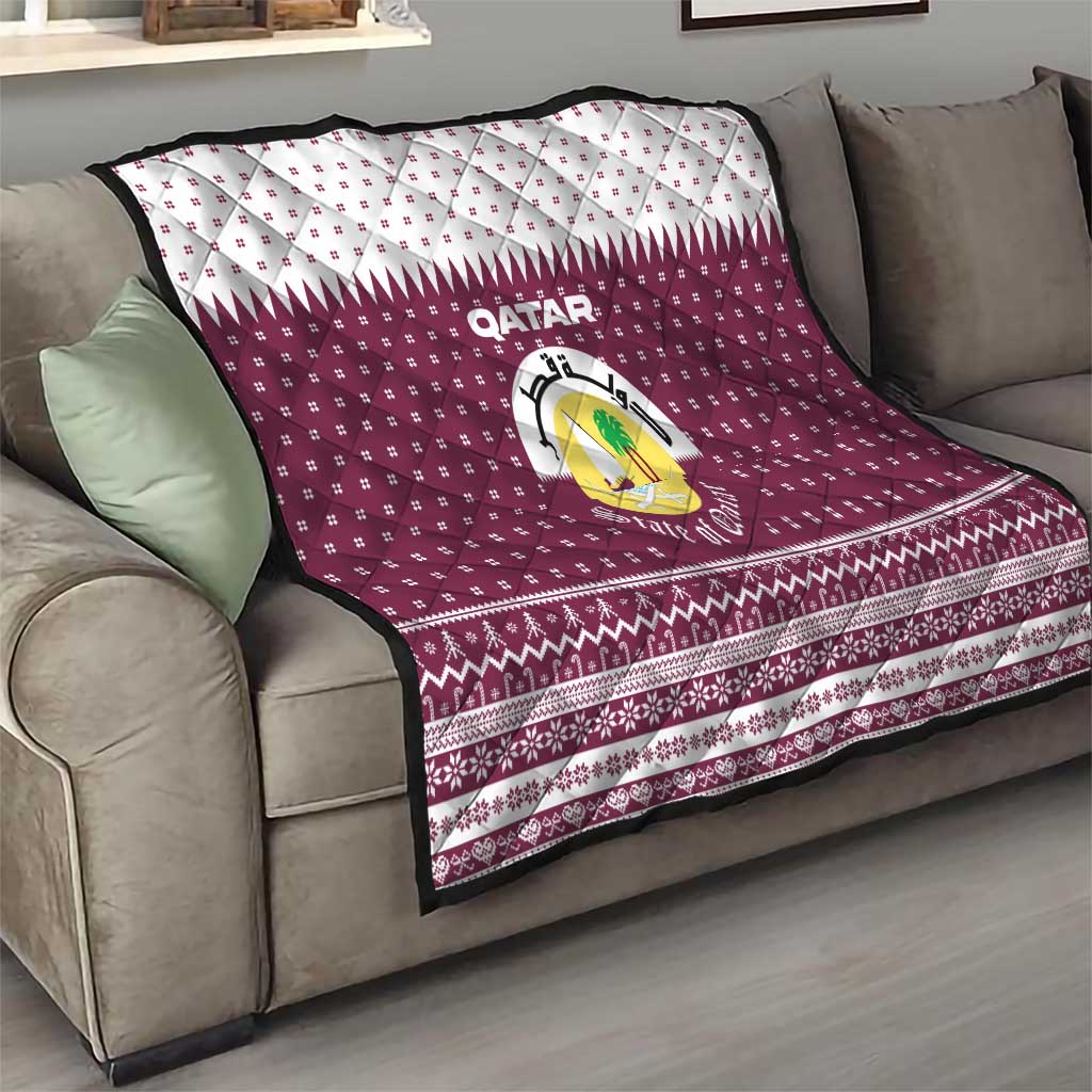 Qatar Christmas Quilt with Maroon-White Design, National Emblem, and Camel Motif - Wonder Print Shop