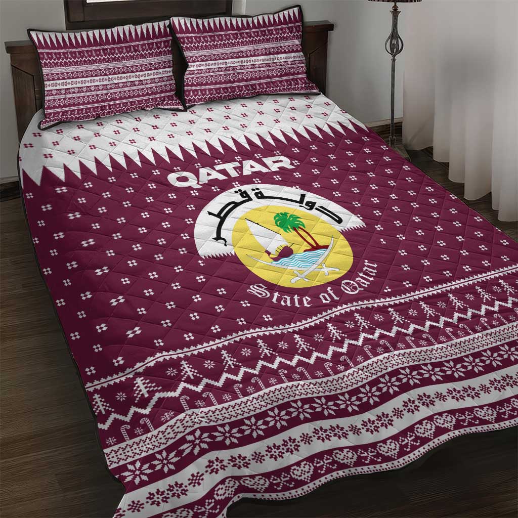 Qatar Christmas Quilt Bed Set with Maroon-White Design, National Emblem, and Camel Motif - Wonder Print Shop