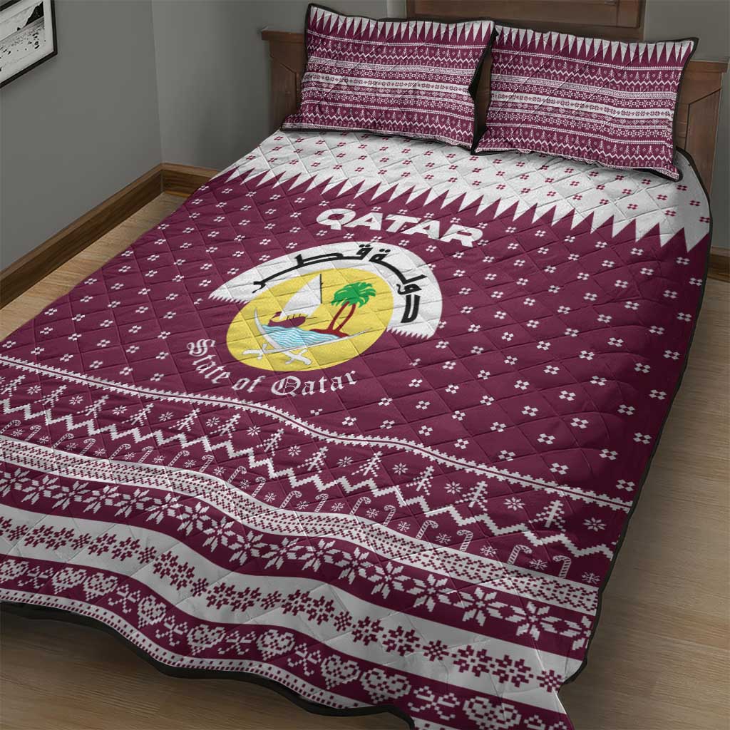 Qatar Christmas Quilt Bed Set with Maroon-White Design, National Emblem, and Camel Motif - Wonder Print Shop