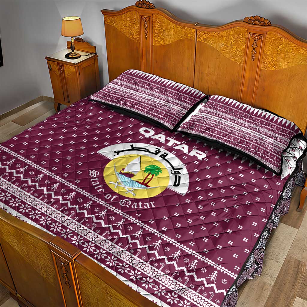 Qatar Christmas Quilt Bed Set with Maroon-White Design, National Emblem, and Camel Motif - Wonder Print Shop