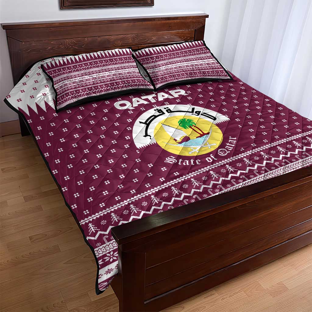 Qatar Christmas Quilt Bed Set with Maroon-White Design, National Emblem, and Camel Motif - Wonder Print Shop