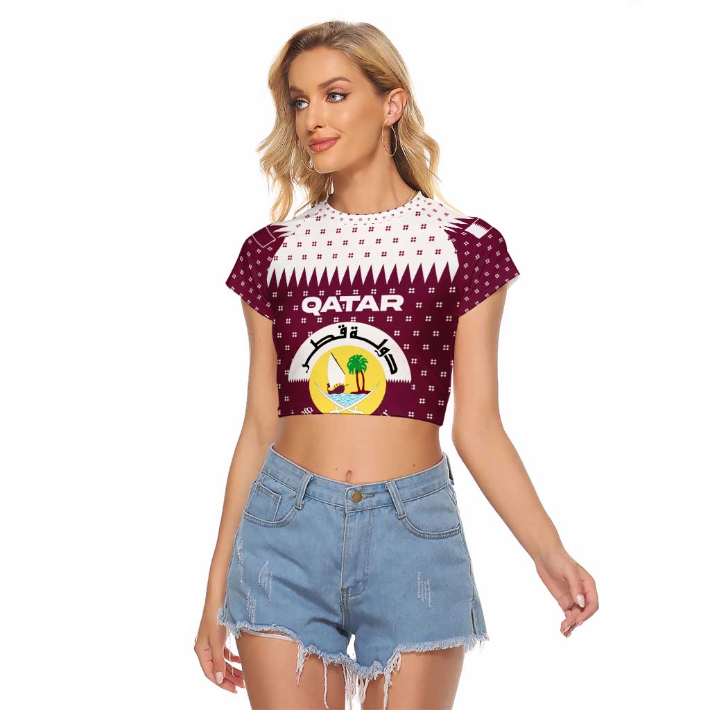Qatar Christmas Raglan Cropped T Shirt with Maroon-White Design, National Emblem, and Camel Motif - Wonder Print Shop