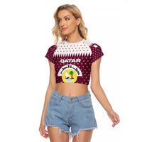 Qatar Christmas Raglan Cropped T Shirt with Maroon-White Design, National Emblem, and Camel Motif - Wonder Print Shop