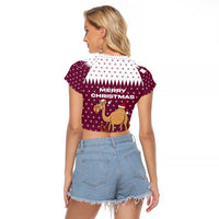 Qatar Christmas Raglan Cropped T Shirt with Maroon-White Design, National Emblem, and Camel Motif - Wonder Print Shop