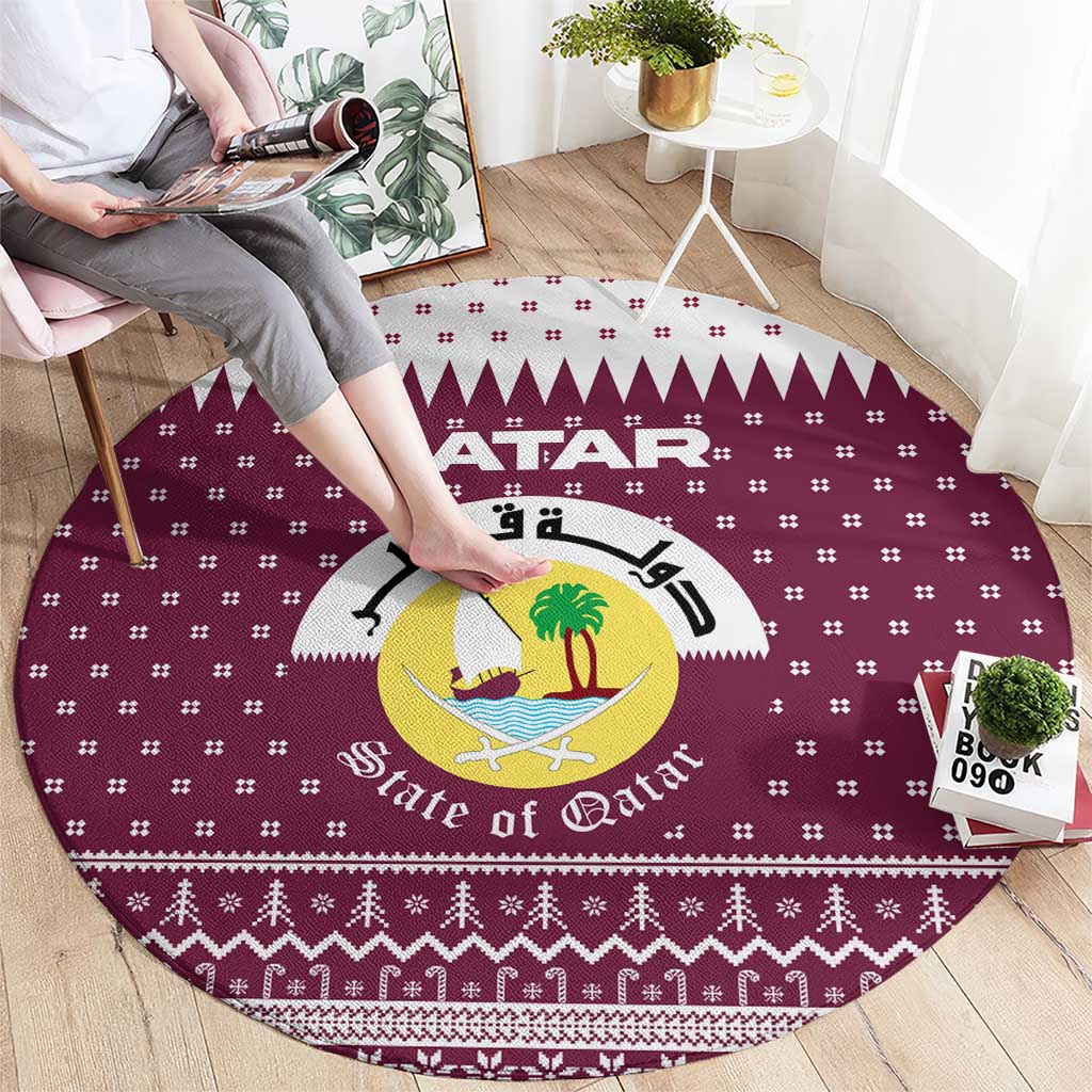 Qatar Christmas Round Carpet with Maroon-White Design, National Emblem, and Camel Motif - Wonder Print Shop
