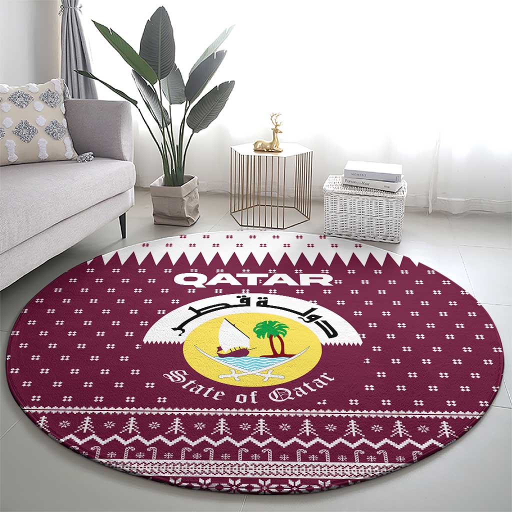 Qatar Christmas Round Carpet with Maroon-White Design, National Emblem, and Camel Motif - Wonder Print Shop