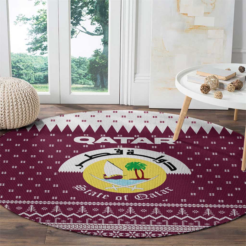 Qatar Christmas Round Carpet with Maroon-White Design, National Emblem, and Camel Motif - Wonder Print Shop