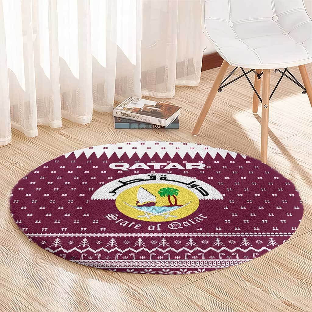 Qatar Christmas Round Carpet with Maroon-White Design, National Emblem, and Camel Motif - Wonder Print Shop