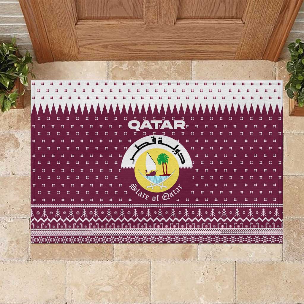Qatar Christmas Rubber Doormat with Maroon-White Design, National Emblem, and Camel Motif - Wonder Print Shop