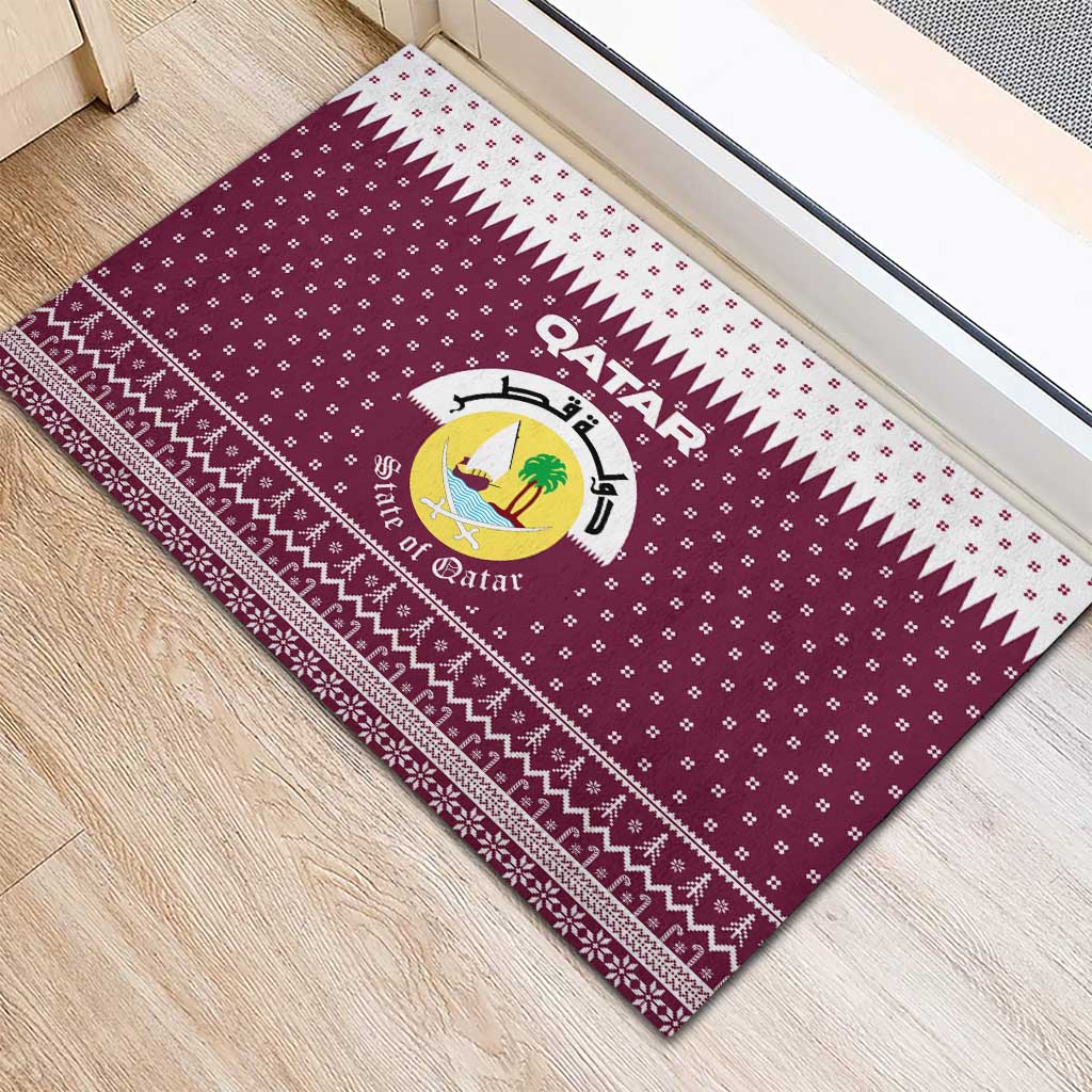 Qatar Christmas Rubber Doormat with Maroon-White Design, National Emblem, and Camel Motif - Wonder Print Shop