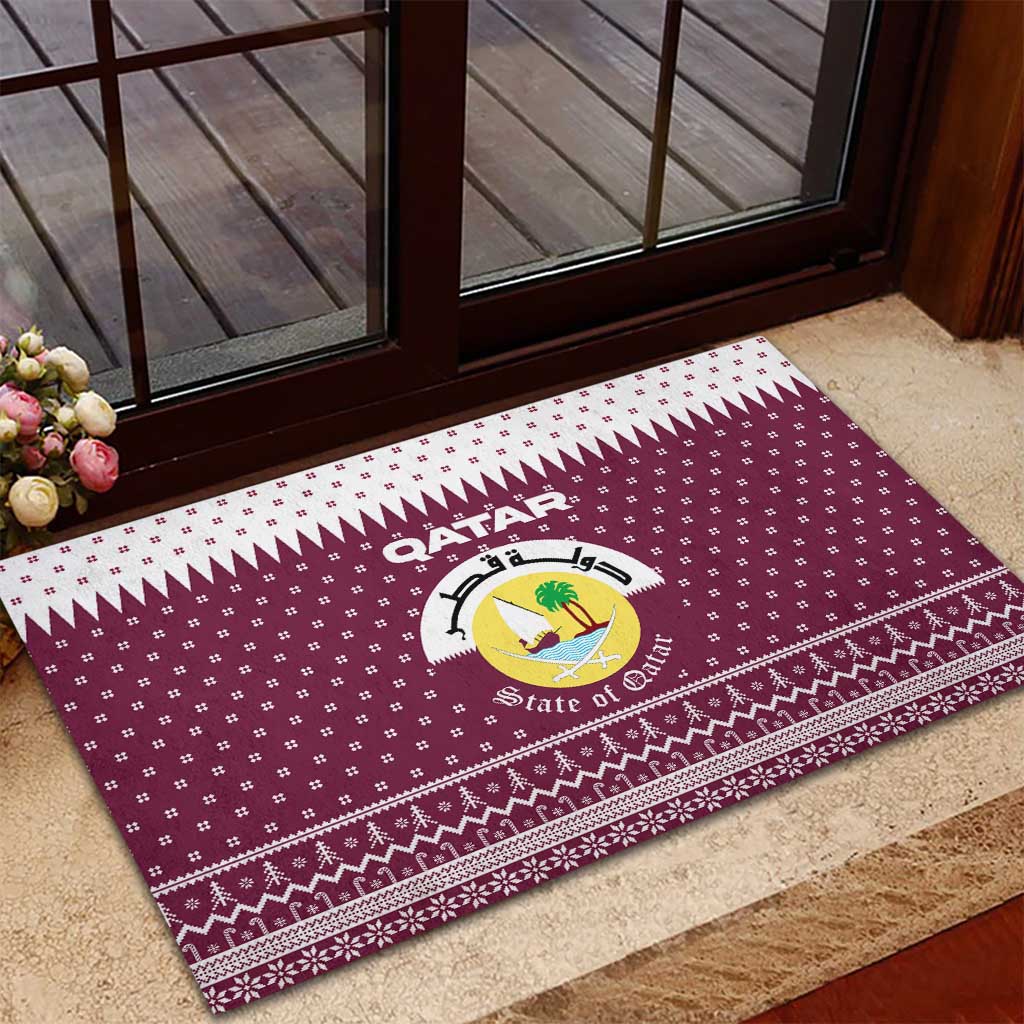 Qatar Christmas Rubber Doormat with Maroon-White Design, National Emblem, and Camel Motif - Wonder Print Shop