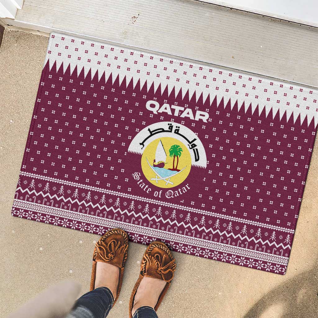 Qatar Christmas Rubber Doormat with Maroon-White Design, National Emblem, and Camel Motif - Wonder Print Shop