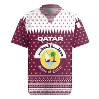 Qatar Christmas Rugby Jersey with Maroon-White Design, National Emblem, and Camel Motif - Wonder Print Shop