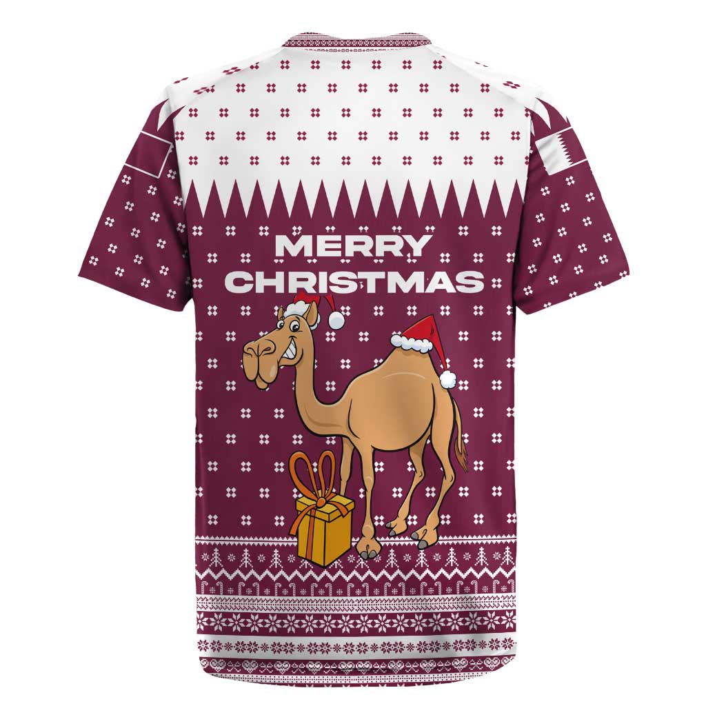 Qatar Christmas Rugby Jersey with Maroon-White Design, National Emblem, and Camel Motif - Wonder Print Shop